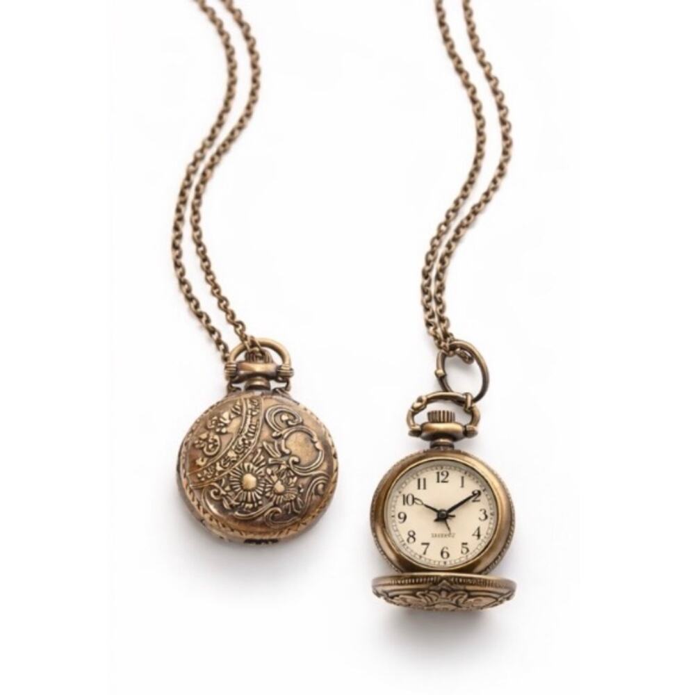Vintage Style Floral Pocket Watch Necklace Bronze Locket Boho Cottagecore